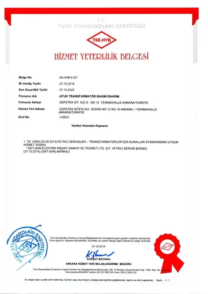 TSE-HYB Hizmet Yeterlilik Belgesi