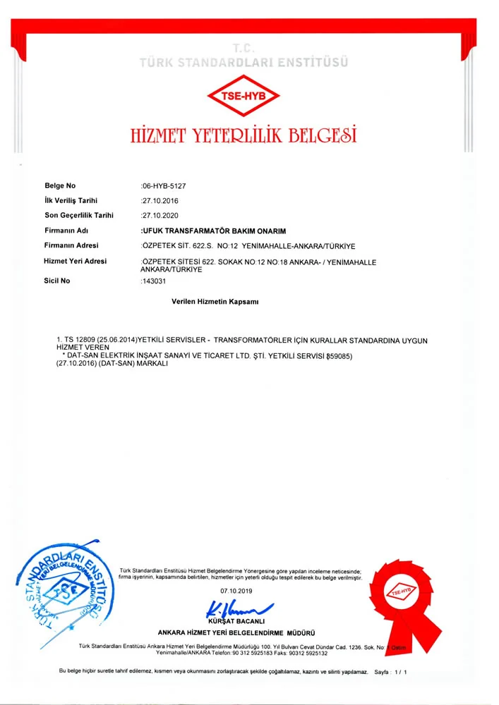 TSE-HYB Hizmet Yeterlilik Belgesi